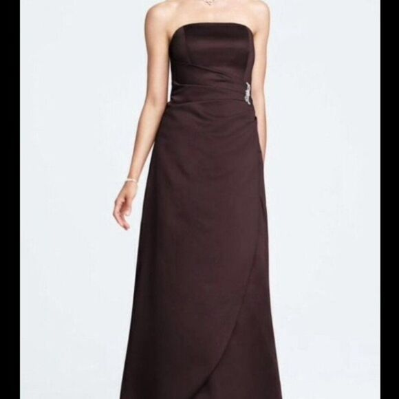 David's Bridal Brown Satin Gown with Side Drape and Brooch Sz 8 Style 8567 EUC - Picture 11 of 12